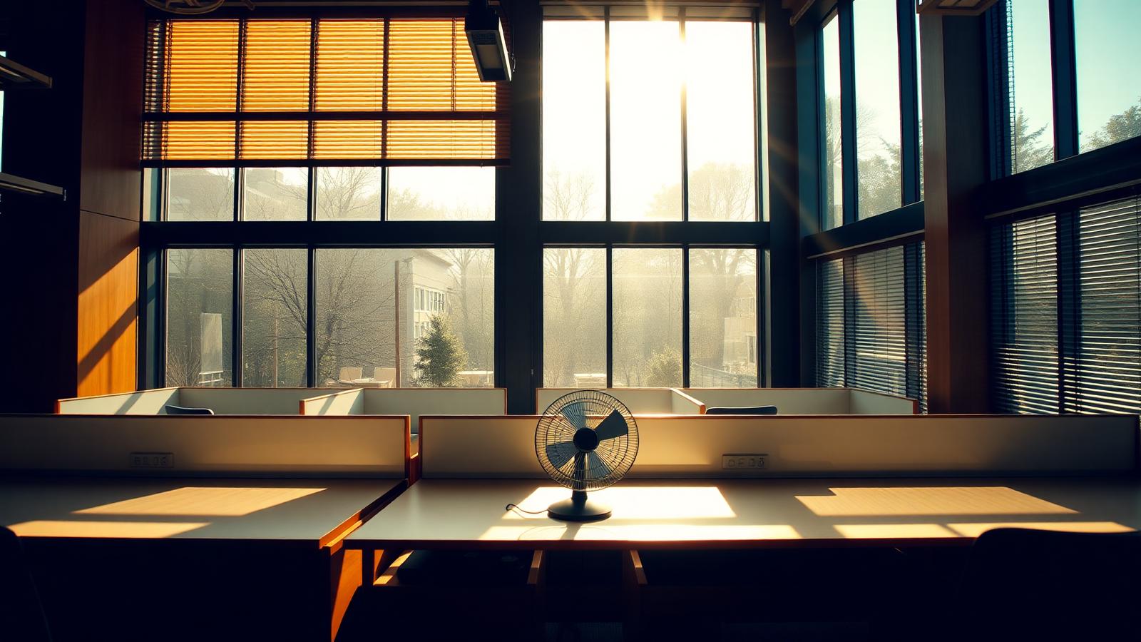 Hot British office during a heatwave with sunlight streaming through blinds onto empty desks