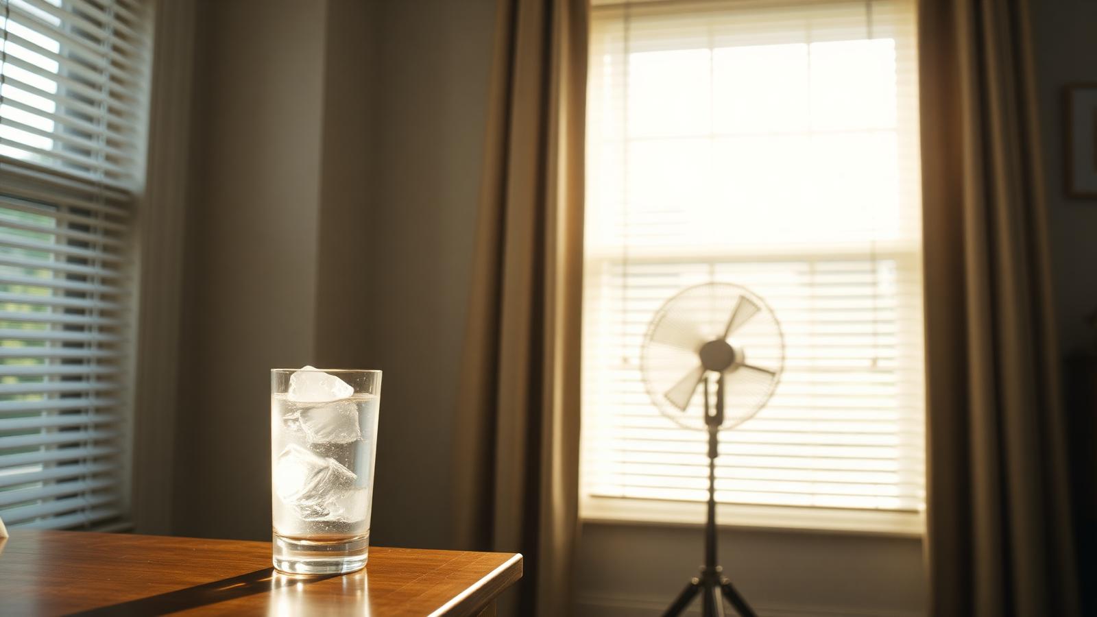 Glass of iced water on a wooden table with drawn window blinds and a pedestal fan in the background