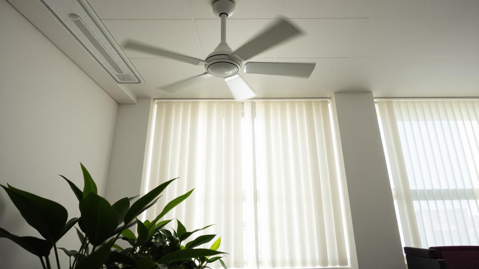 Modern office interior with vertical blinds diffusing sunlight and a ceiling fan overhead