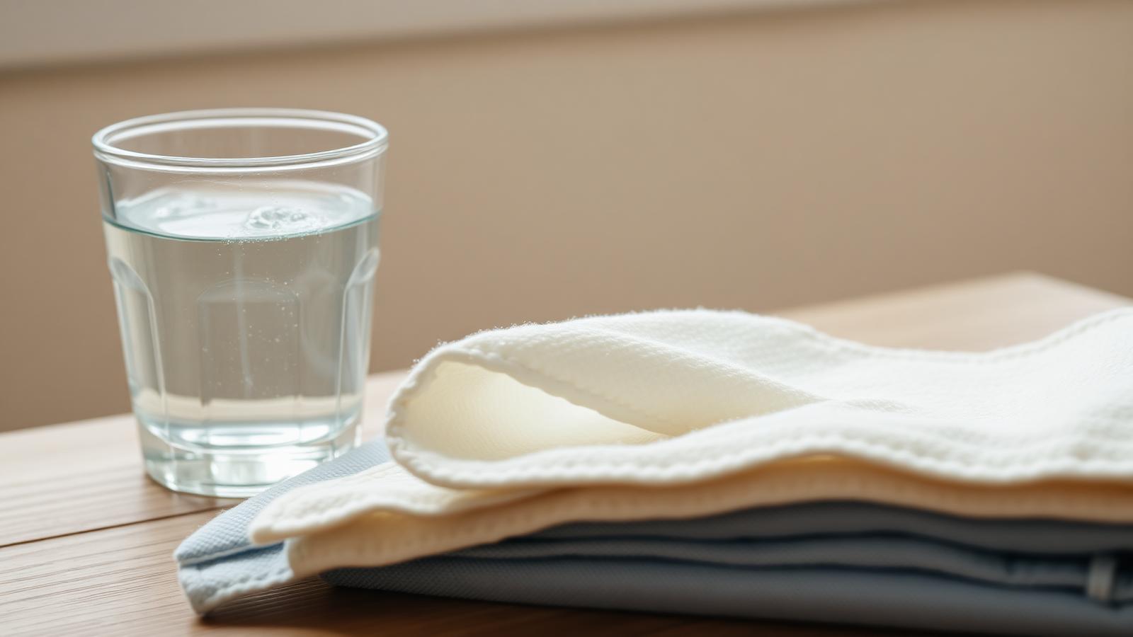 Cool cloth and glass of water on a wooden surface, calm daylight